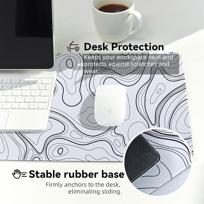 Waterproof Large Gaming Mouse Pad with Durable Stitched Edges, Non-Slip Rubber Base, Grainy Jacquard Mouse Mat Desk Pad for Home Office Gaming, 31.5''x11.8''x0.12'', Topographic Map White