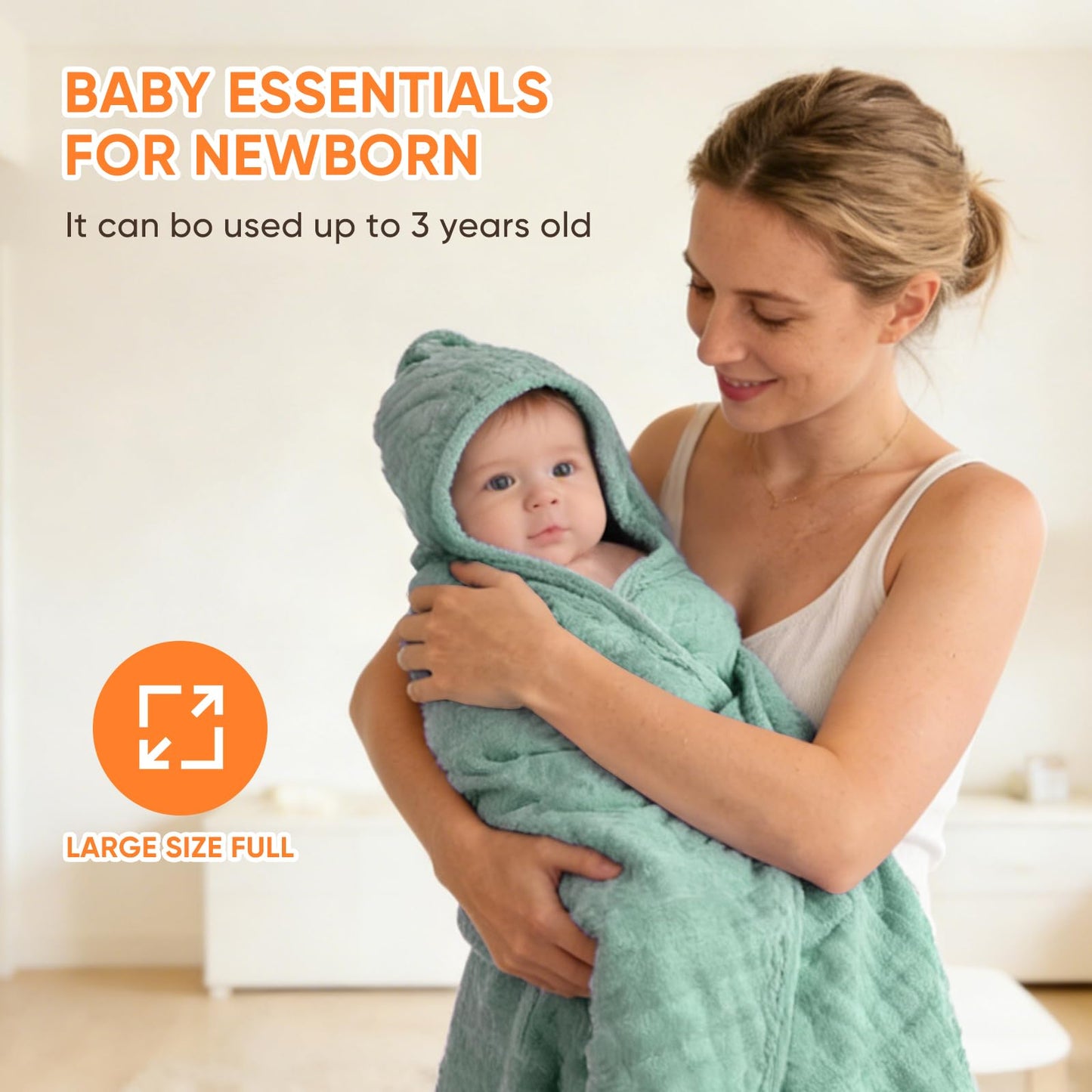 MIGIOL Muslin Hooded Baby Towels 100% Cotton ，Super Soft Muslin Baby Bath Towel - 32 x 32 Inches, Suitable for Newborn and Young Children up to 3 Years Old. (Grey & Green)