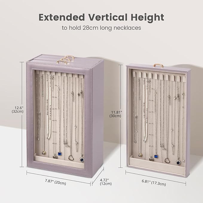 Lolalet Necklace Organizer Box, Jewelry Storage Box with Clear Window for Necklaces Bracelets, Tangle-Free Necklace Display Case for Women Girls -Dusty Purple, 3 Layers 30 Hooks