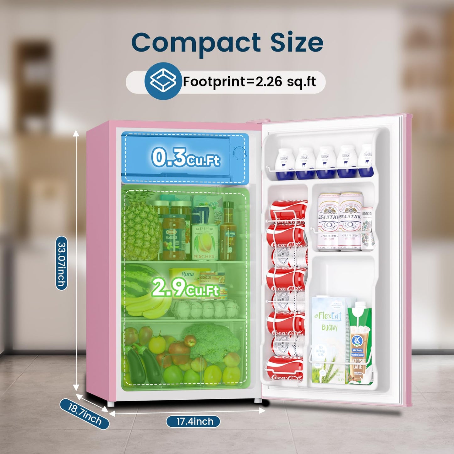 BANGSON Mini Fridge with Freezer, 3.2Cu.Ft, Single Door Small Refrigerator, Energy-efficient, Low Noise, Mini fridge for Bedroom Dorm and Office, Pink