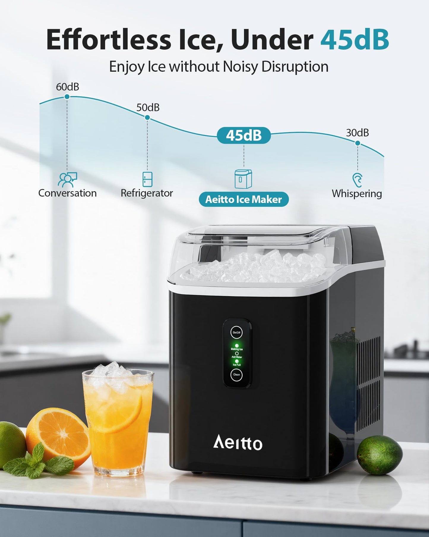 Aeitto Nugget Ice Maker Countertop, 42lbs/24H Ice Machine with 1.5L Water Tank, Rapid Ice Release in 6 Mins, Self-Cleaning Pebble Ice Maker with Basket and Scoop for Home Office RV and Party, Black
