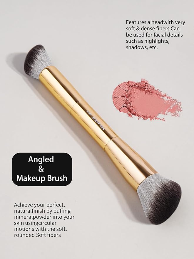 MAANGE 4-Piece Gold Cosmetic Brush Set: Double-Ended Angled Kabuki, Foundation, Blush & Contour Brushes for Face Makeup