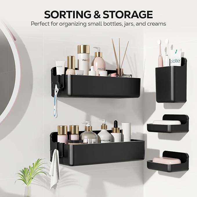 Nieifi Adhesive Wall Shelf, Shower Shelves 5 Pack with Soap Holder, Shower Organizer for Bathroom Organization, Black