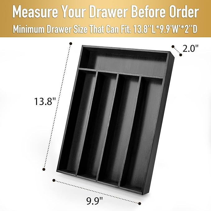 Besilord Bamboo Silverware Holder - Drawer Organizer with 5 Slots (Black)