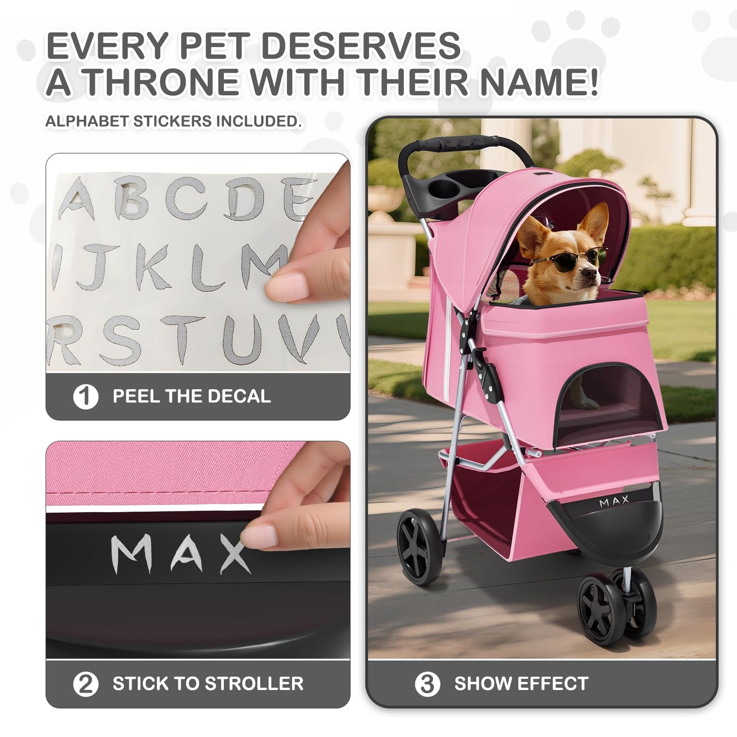 MoNiBloom 3-Wheels Foldable Pet Stroller with Waterproof Cover, Pet Strolling Cart for Small/Medium Dogs and Cats with Storage Basket and Cup Holder, Breathable and Visible Mesh for All-Season, Pink