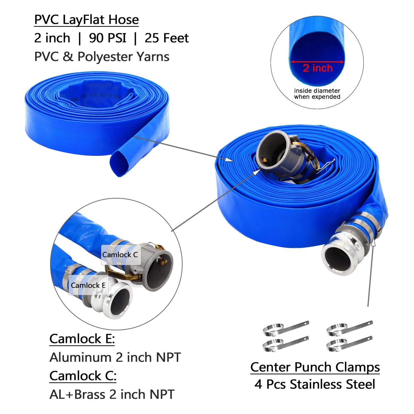 DAVCO 2" ID × 25 ft Pool Backwash Hose, Heavy Duty Reinforced Blue PVC Lay Flat Water Discharge Pump Hoses For Swimming Drain Pools and Clean Filters, with Aluminum Camlock C and E Fittings