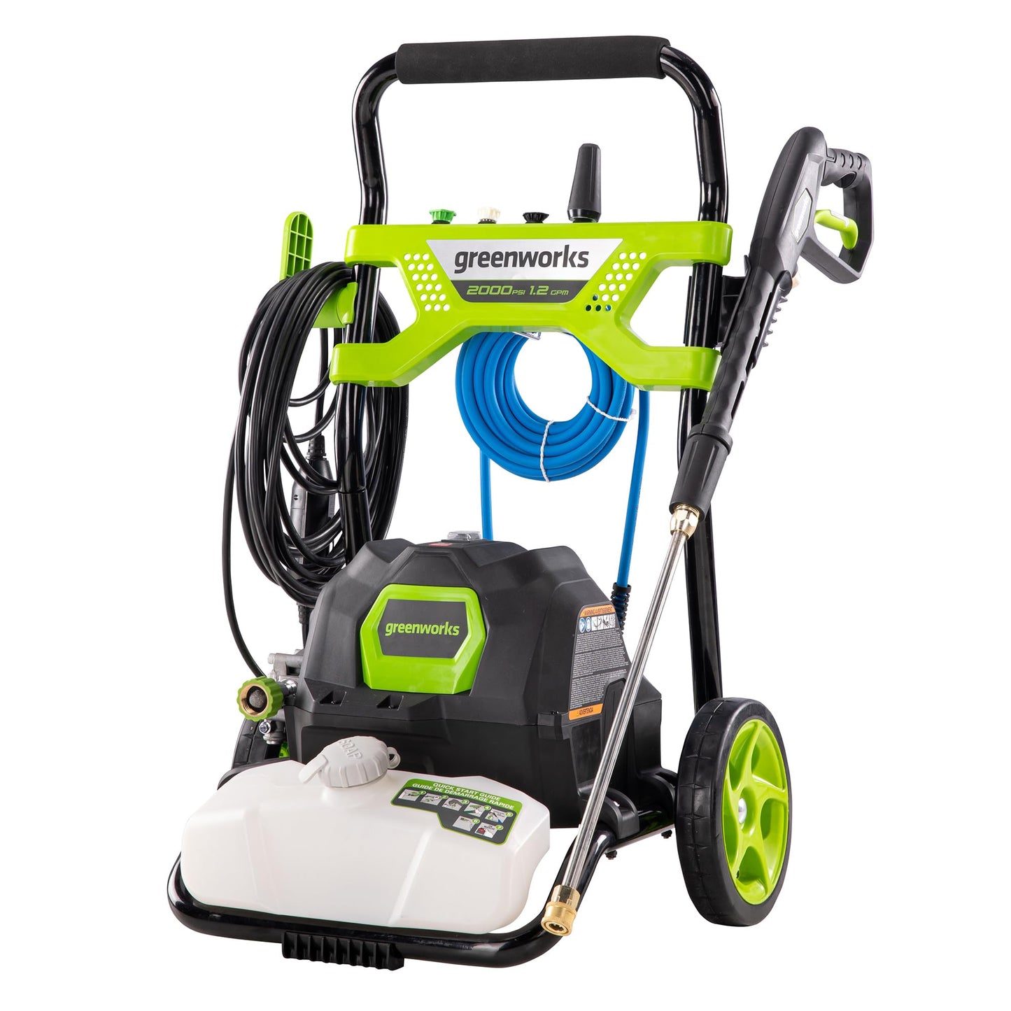 Greenworks 2000 PSI (1.2 GPM) Electric Pressure Washer, Steel Wand, On-Board Soap Tank (25Â°, 40Â°, Soap, and Turbo Nozzle)