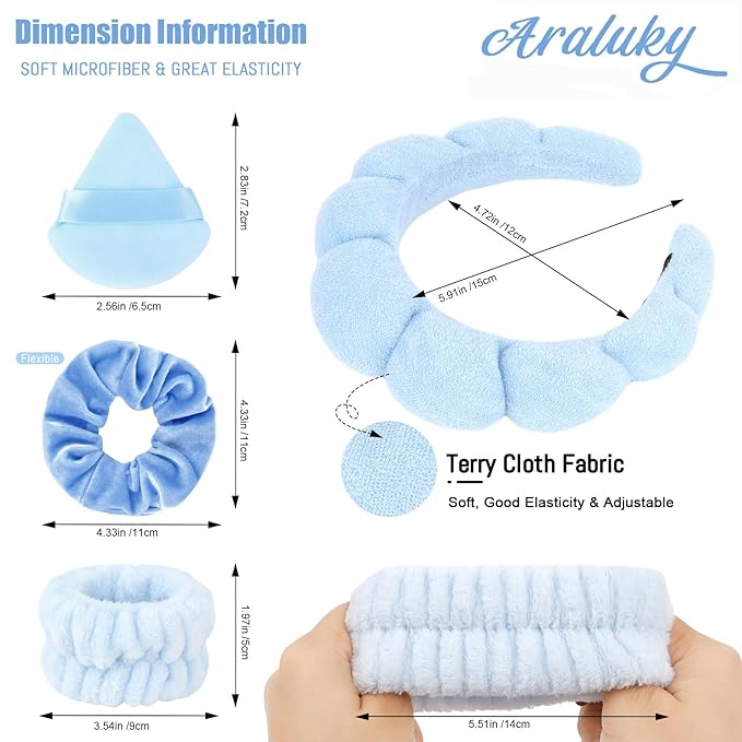 7Pcs Spa Set - Puffy Headband, Wristbands, Powder Puffs, Makeup Removal Terry Cloth Headband - Blue