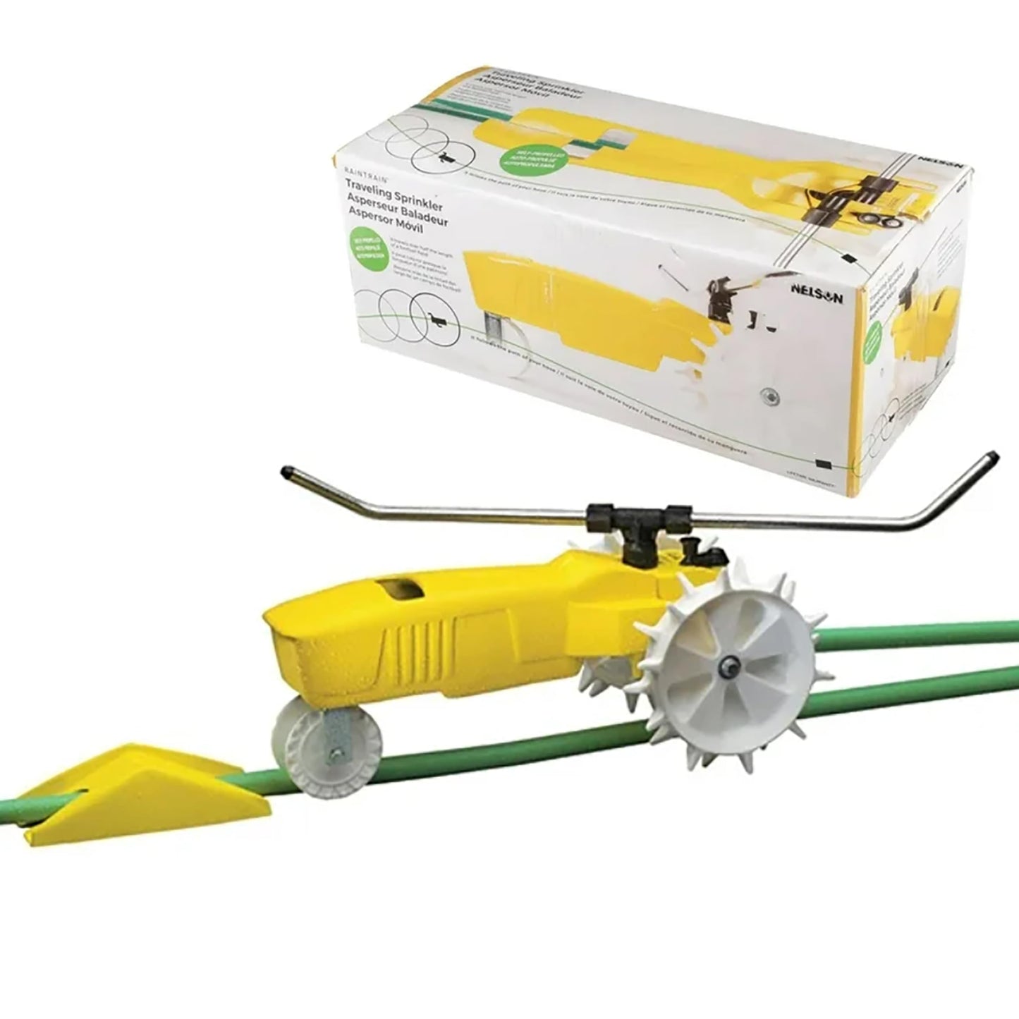 Nelson Rain Train 13,500 Square Feet Cast Iron Outdoor Lawn Traveling Water Sprinkler for Yard, and Garden, with Auto Shut Off, Yellow