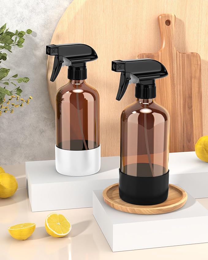 Bontip Glass Spray Bottle with Silicone Sleeve Protection, Amber Glass Spray Bottle Set for Window Cleaner Aromatherapy Facial Hydration Watering Flowers Hair Care 2 Pack/16 oz (Black & White, 16 oz)