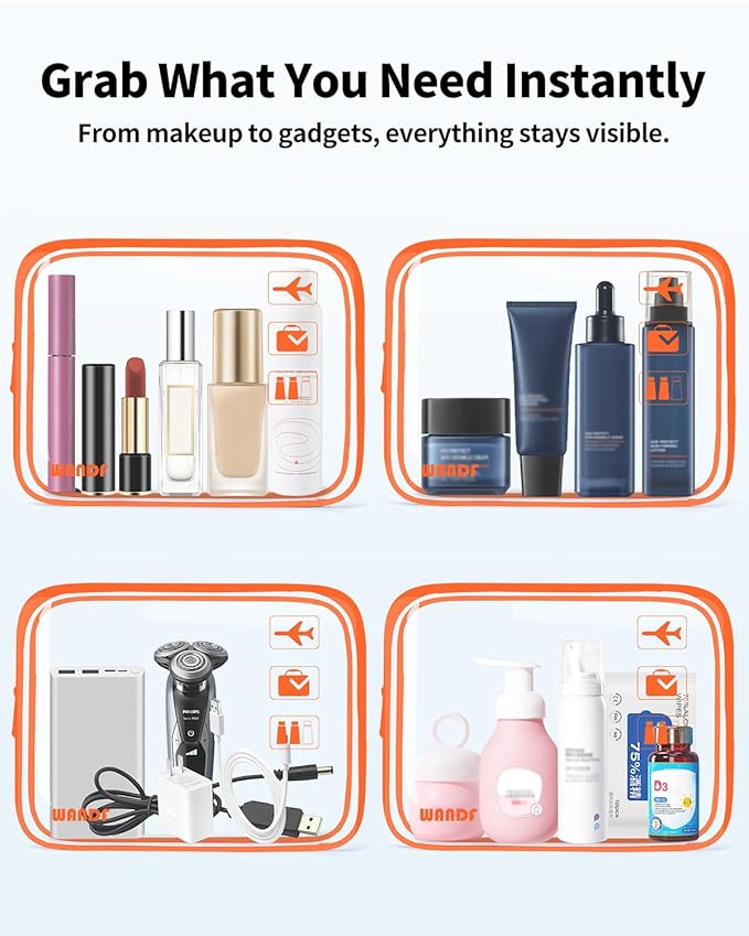 WANDF TSA Approved Toiletry Bag, 2 Packs Travel Clear Toiletry Bag, Quart Size Makeup Cosmetic Pouch with Zipper, Carry-On Airport Compliant Bag for Women and Men (2pcs Orange)