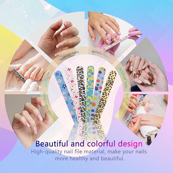 12PCS Professional Double-Sided 100/180 Grit Nail Files Colorful Manicure Pedicure Tools