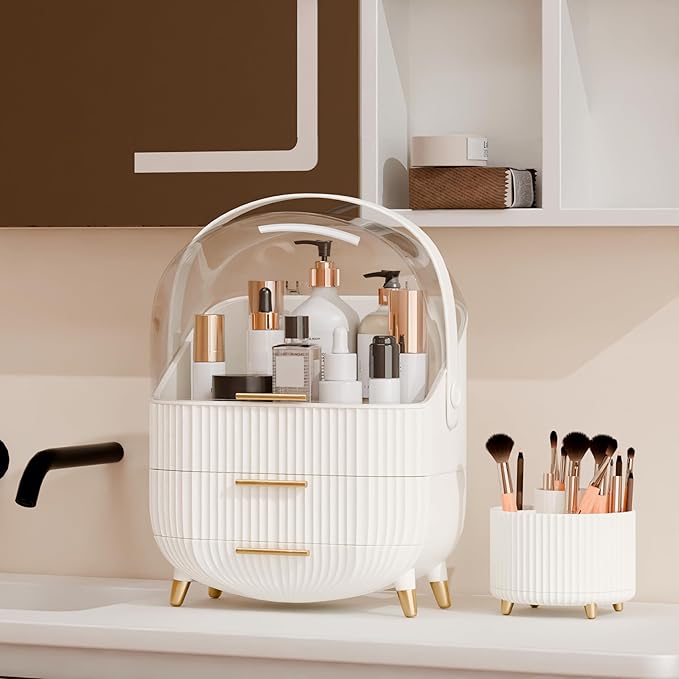 lurcns Makeup Organizers and Storage Make up Organizer for Vanity Cosmetics Skincare With Lid and Drawers Display Cases for Countertop Bathroom Women Teenager Girl Gifts(White+Brush Holder)