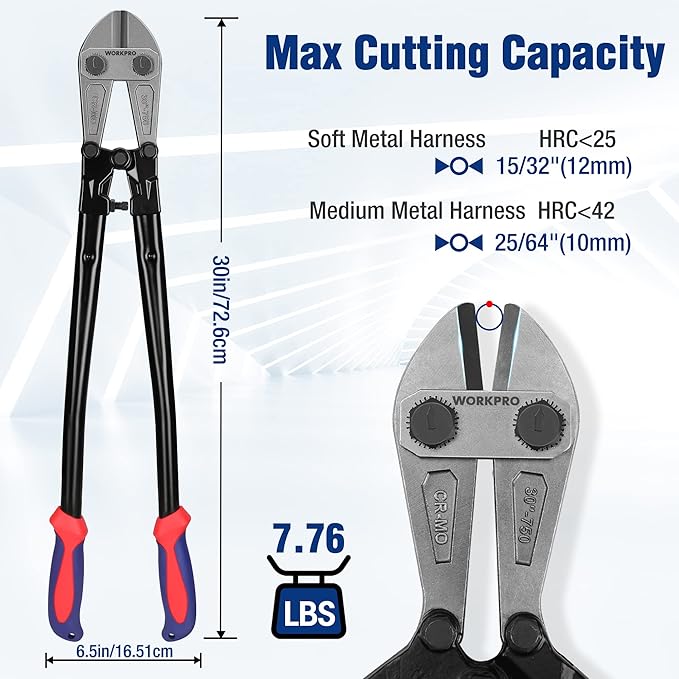 WORKPRO W017007A Bolt Cutter, Bi-Material Handle with Soft Rubber Grip, 30", Chrome Molybdenum Steel Blade