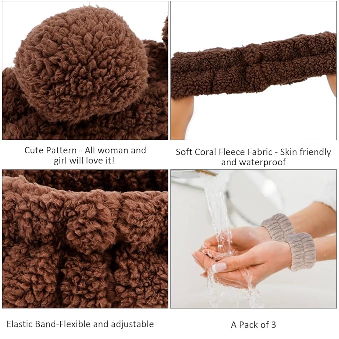 AHONEY Spa Bear Ears Headband, Face Wash Headband and Wristband Set, Cute Makeup Skincare Headbands Wrist Bands for Washing Face Fluffy Headband for Women Girls Elastic Hair Band (Brown)