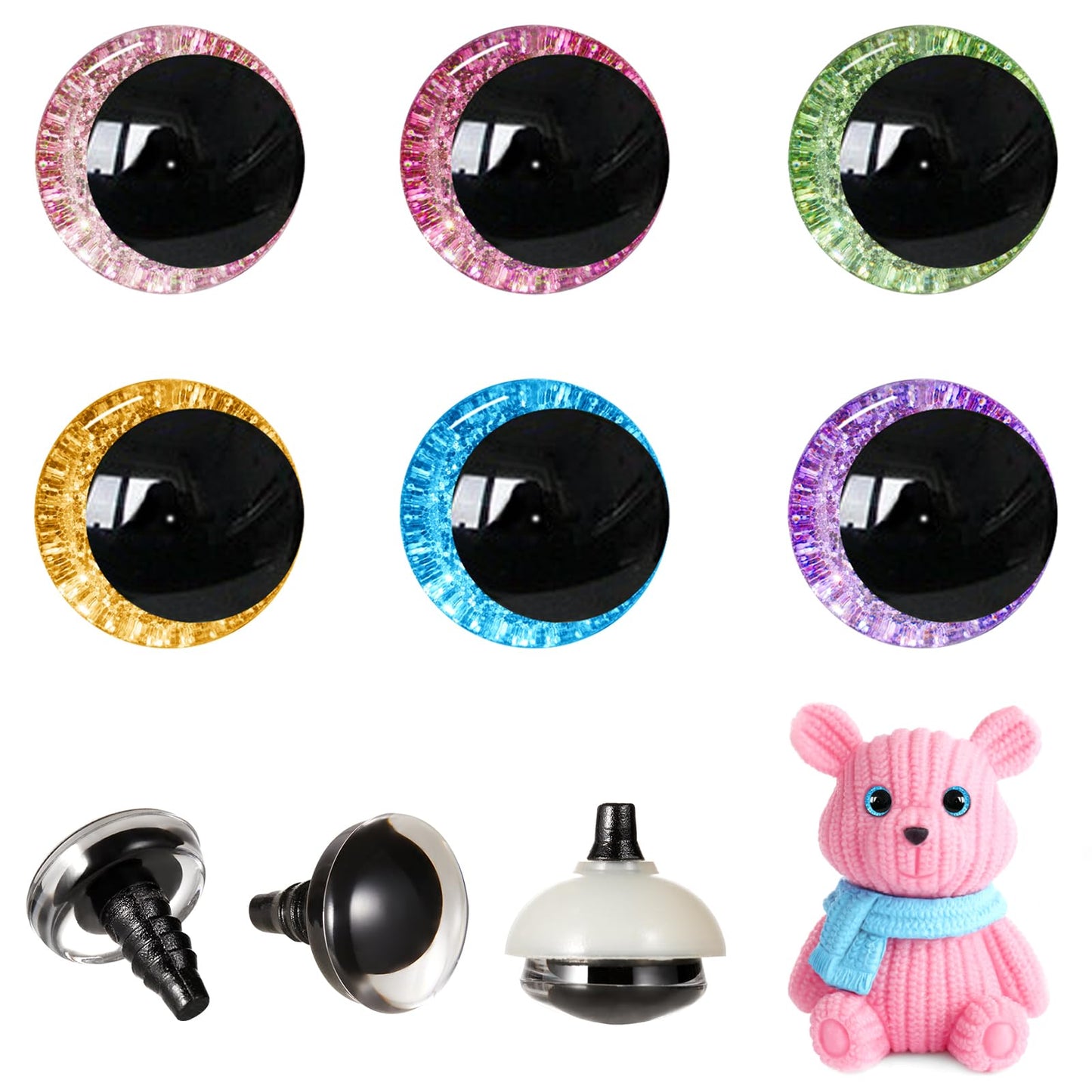 MUCUNNIA 96pcs 25mm 3D Glitter Safety Eyes for Crocheting with Washers Moon Crochet Amigurumi Eyes for Crochet Animals Craft Eyes Doll Eyes Stuffed Crochet Eyes for Crafts Gift for Crochet Lovers