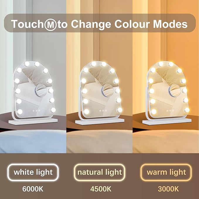 Makeup Mirror with Lights-3 Modes,Smart Touch Control,Detachable 10X Magnification,15.7"ÃÂ11.8" Hollywood Vanity,360ÃÂ° Rotation Ã¯Â¼ÂWhiteÃ¯Â¼Â