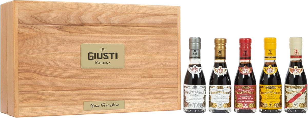 Giusti Historical Collection of 5 Italian Balsamic Vinegars with Wood Gift Box Made in Modena, Italy - Award-Winning, Aged, Gourmet Vinegar - 100 ml Bottles - Custom Engraving