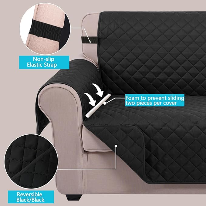 U-NICE HOME Loveseat Sofa Cover Reversible Couch Cover for Dogs with Elastic Straps Water Resistant Furniture Protector for Pets Couch Cover for 2 Cushion Couch (Loveseat, Black/Balck)