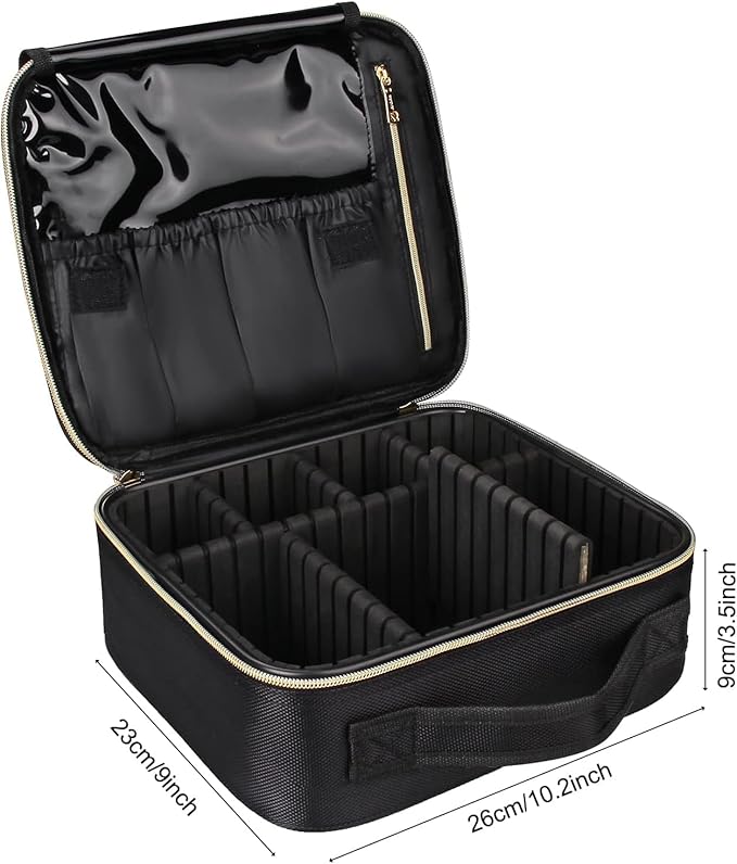 Relavel Travel Makeup Train Case Makeup Cosmetic Case Organizer Portable Artist Storage Bag with Adjustable Dividers for Cosmetics Makeup Brushes Toiletry, Black with Gold Zipper