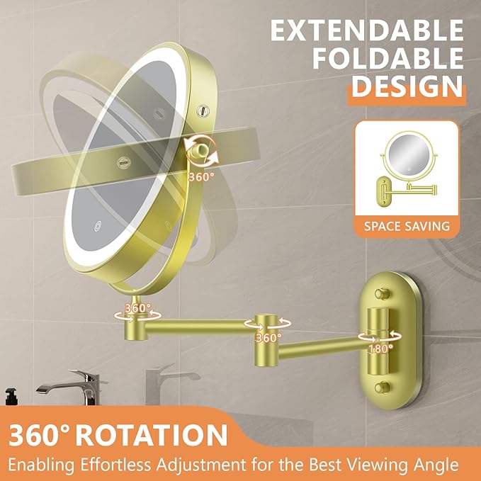 Auxmir 1X/30X Wall Mounted Makeup Mirror with Light, 8" Rechargeable Double-Sided Magnifying Mirror, Vanity Mirror Dimmable 3 Color Light, 360° Extension Rotation Foldable 14.5 Inch Arm, Gold