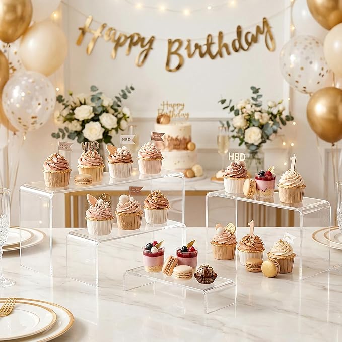FUNFERY Acrylic Display Risers, 2 Set(7.8" L~8.2" L~8.6" L~9Ã¢ÂÂL) Display Shelf for Figure, Collectibles, Cupcake, Clear Acrylic Stands for Dessert, Jewelry, Candy Showcase, 4 Tier Action Figure Stand