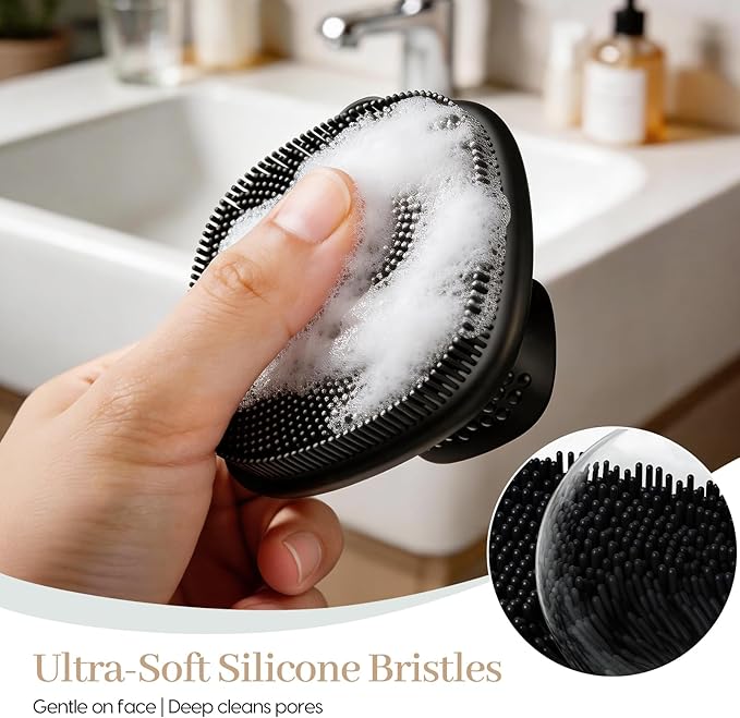 Back Scrubber for Shower & Face Scrubber, 2Pcs Silicone Exfoliating Brush Set with 17In Long Handle, Soft Body & Facial Cleansing Scrubber for Men Women