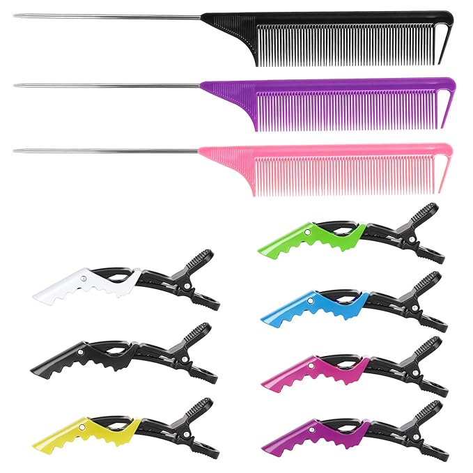 Rat Tail and Parting Combs with Styling Clips: 3 Metal Teasing Combs for Braids, 7 Professional Sectioning Hair Clips