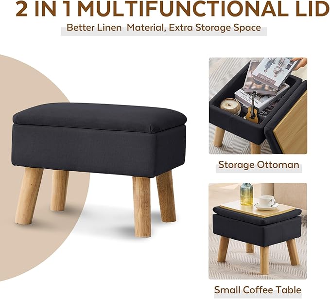 Storage Ottoman, Small Foot Stool Ottoman with Storage, Linen Foot Rest with Wood Legs, Footstool for Living Room, Bedroom, Entryway, Black