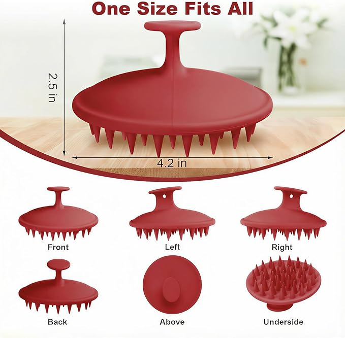Silicone Scalp Massager Shampoo Brush, Scalp Brush for Hair Growth & Dandruff Removal, Hair Scrubber Scalp Stimulator Exfoliator Brush with Soft Bristles for Wet Dry Scalp Care (Ruby Red)