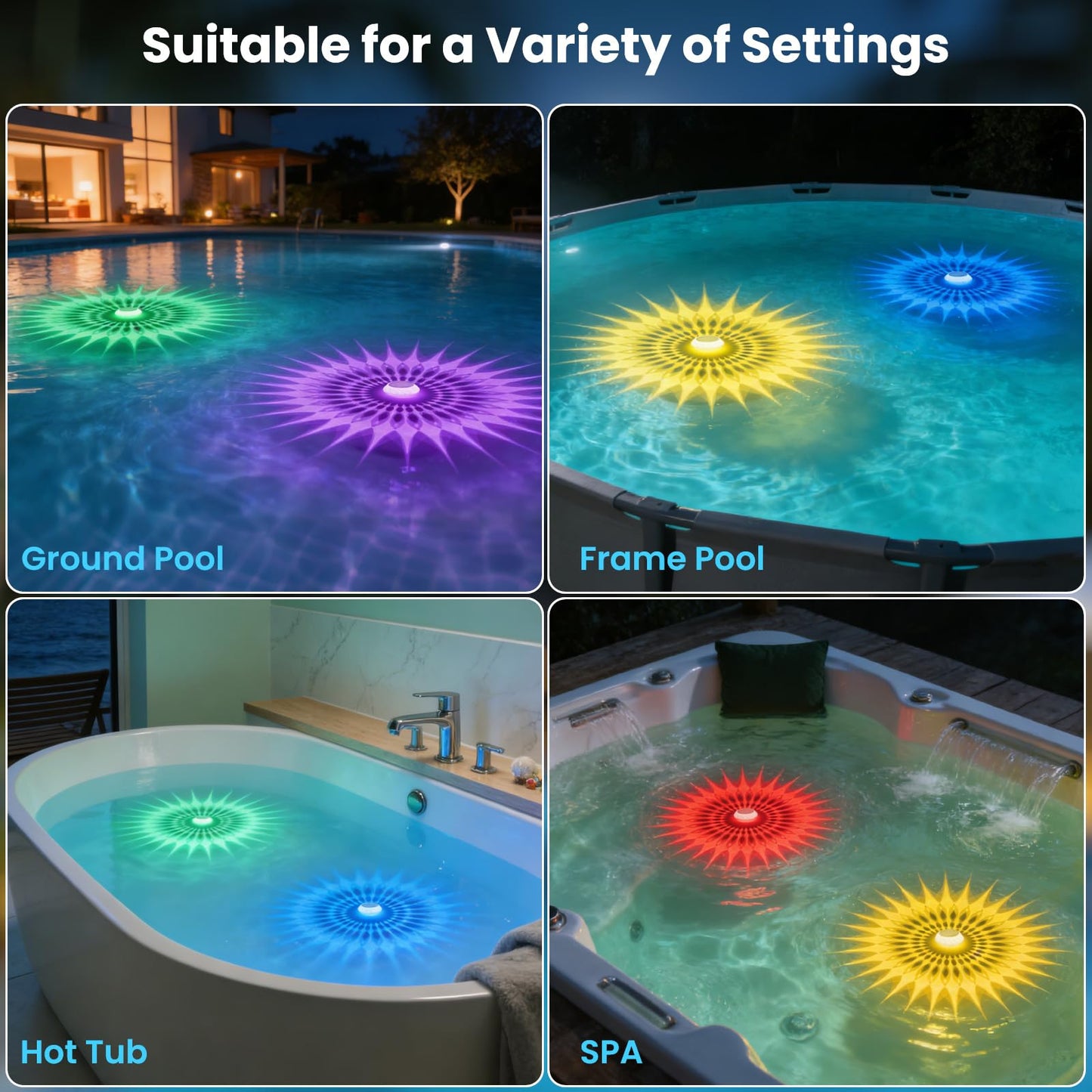 2026 Upgrade Solar Pool Chlorine Floater 3 Inch Tablets(2 Pack), 1800mAh Floating Pool Lights with Remote, 42 Lighting, Timer Function, IP68 Waterproof for Inground/Above Ground Pool, Pool Party, SPA