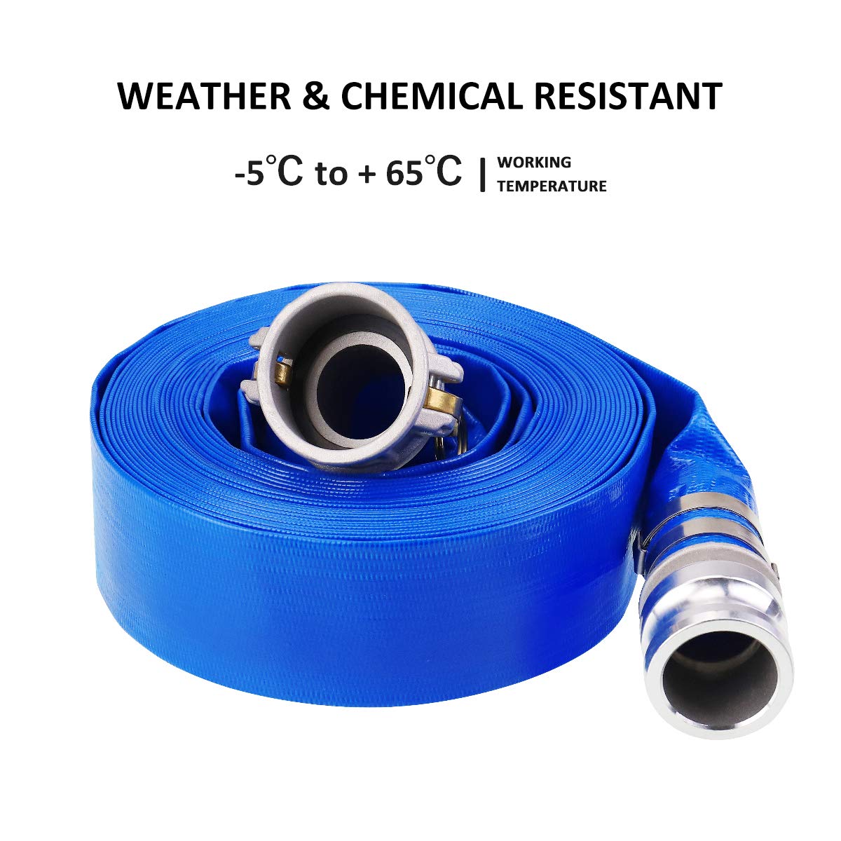 3" x 50' Blue PVC Backwash Hose for Swimming Pools, Heavy Duty Discharge Hose Reinforced Pool Drain Hose with Aluminum Camlock C and E Fittings