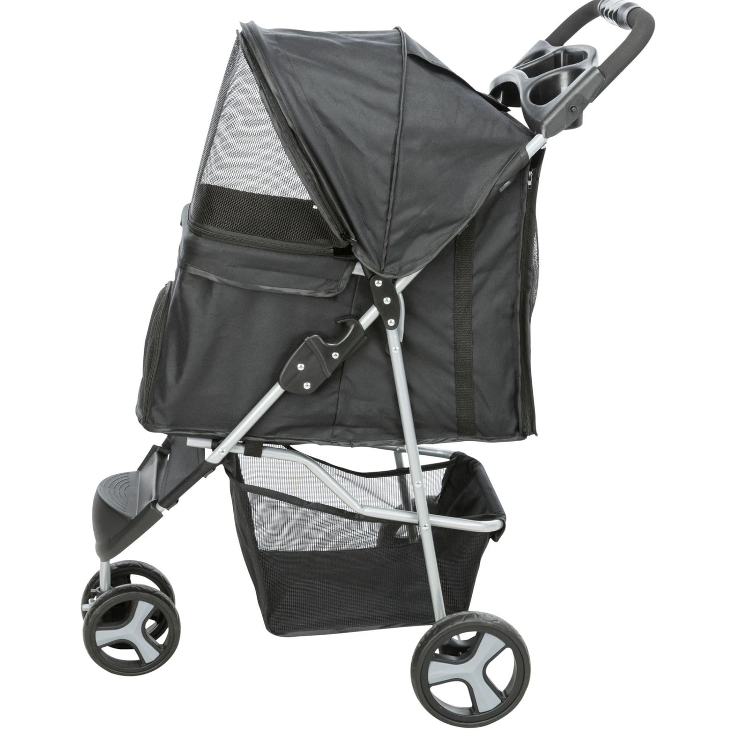 TRIXIE Foldable Pet Stroller for Cats and Dogs, Pet Carrier Strolling Cart with Weather Cover, Storage Basket, Cup Holder, Black