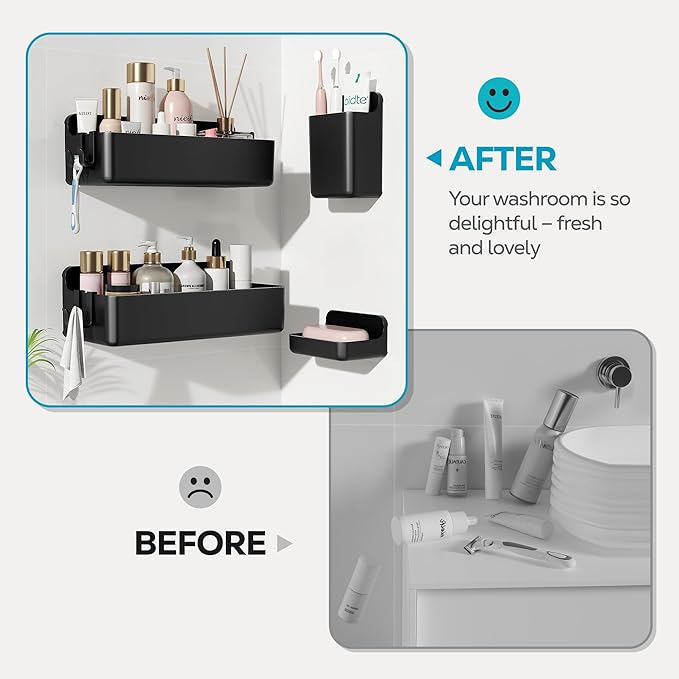 Nieifi Adhesive Wall Shelf, Shower Shelves, Shower Organizer for Bathroom Organization (Black, 4 pieces)