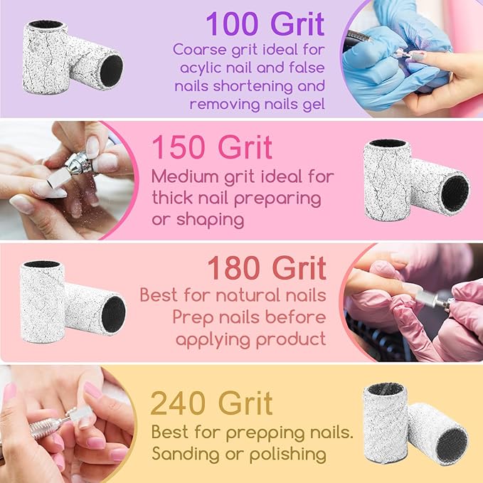 150 Grit Sanding Bands for Nail Drill, 100Pcs Medium Grit Sanding Band for Nail Drill with 3/32Ã¢ÂÂ Sanding Bit for Acrylic Nail, Gel Nail Removing, Professional Nail Sanding Band for Manicure & Pedicure