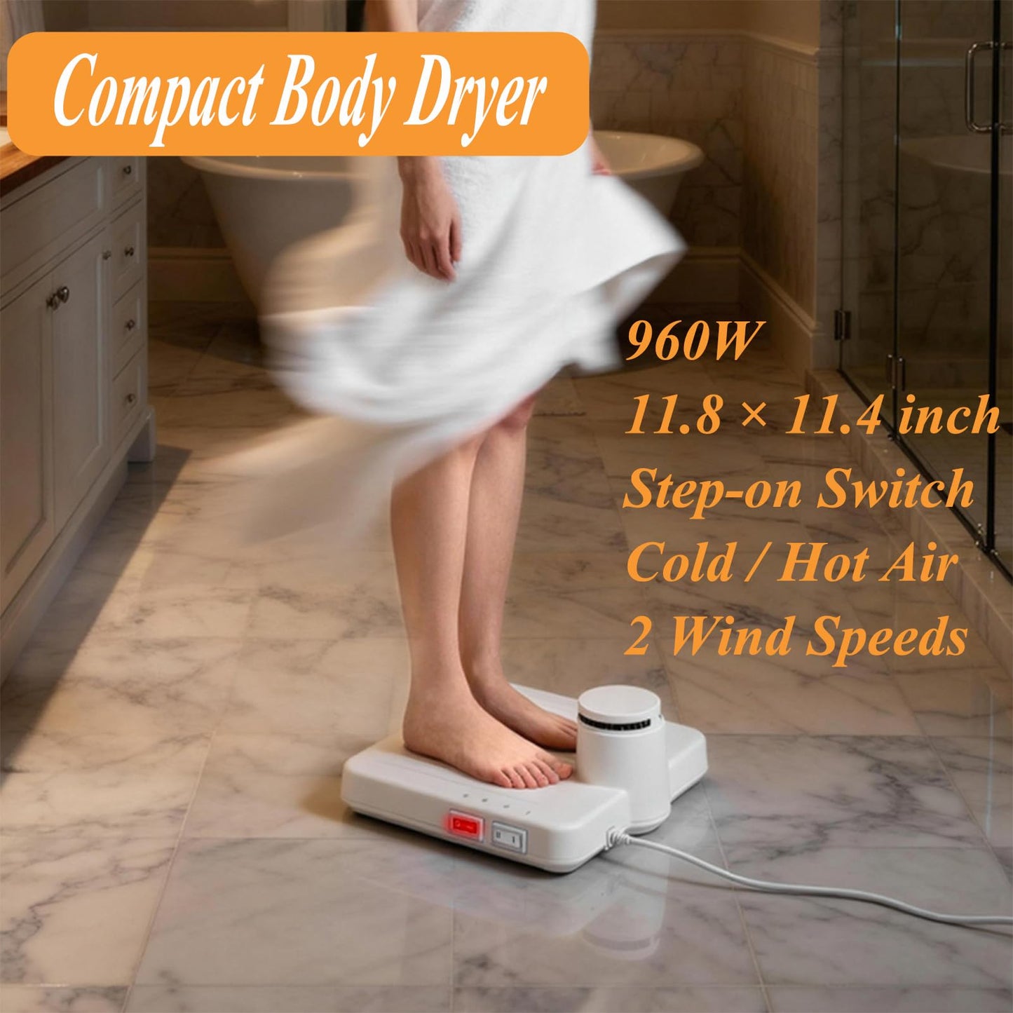 Body Dryer Compact, 960W Full Body Dryer for After Shower with Cold/Hot Air & 2 Wind Speeds, Step-on Switch, Foot Dryer for Bathroom, Waterproof, 11.8 × 11.4 inch, White