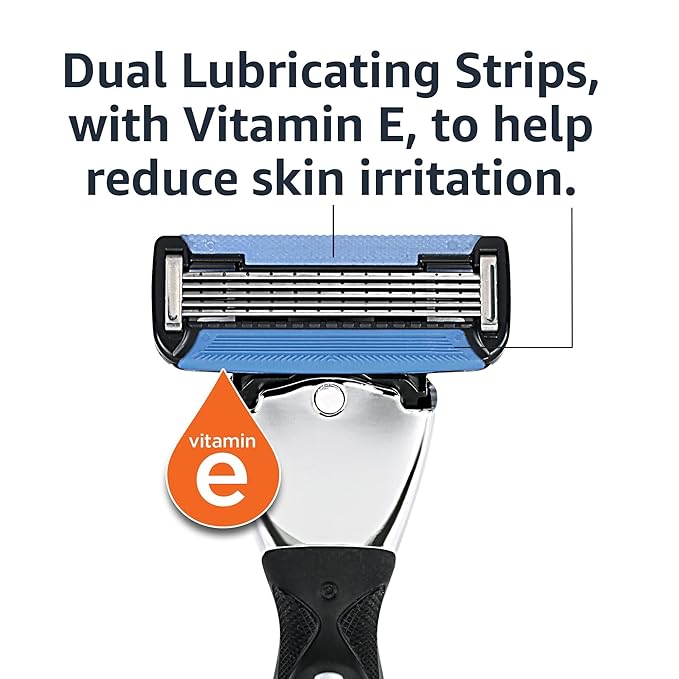 Amazon Basics 5-Blade MotionSphere Men's Razor with Dual Lubrication, Vitamin E, Precision Trimmer, 1 Handle & 16 Cartridges, Black