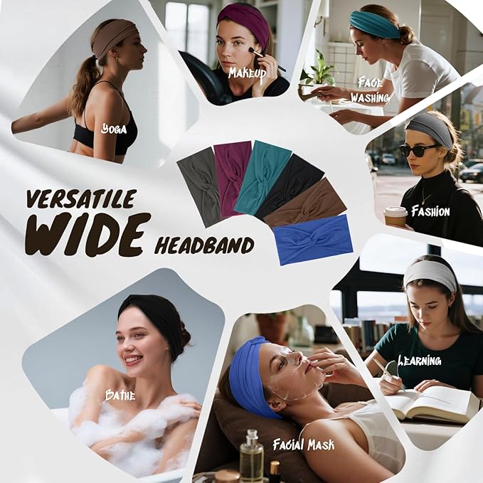 HSEM Headbands for Women, Non Silp Wide Hair Bands, Elastic Thick Head Bands, Stretchy Soft Sports Sweat Bands for Spa Workout Running Gym, Cotton Cloth Band 6Pcs