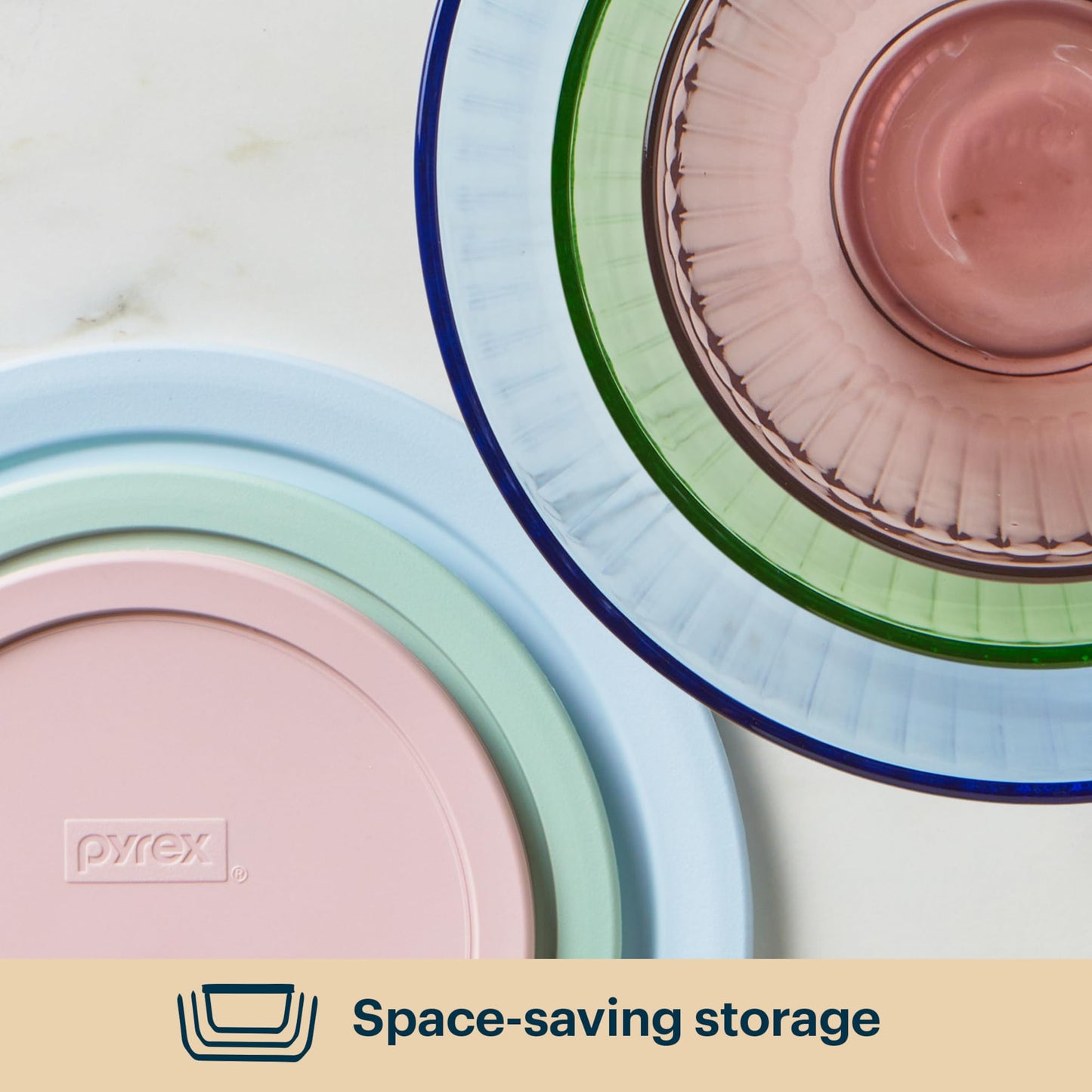 Pyrex Colors Tinted (3-Pack, Full Set) Sculpted Tinted Glass Mixing Bowls With Lids, Nesting Space Saving Set of Bowls For Prepping and Baking, 1.3QT, 2.3QT & 4.5Q, Blue