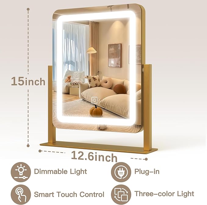 ROLOVE Vanity Mirror with Lights, 12.6"×15" LED Makeup Mirror, Lighted Makeup Mirror with Lights, Smart Touch Control Dimmable 3 Modes Light, Lighted Up Mirror for Makeup Desk, Gold