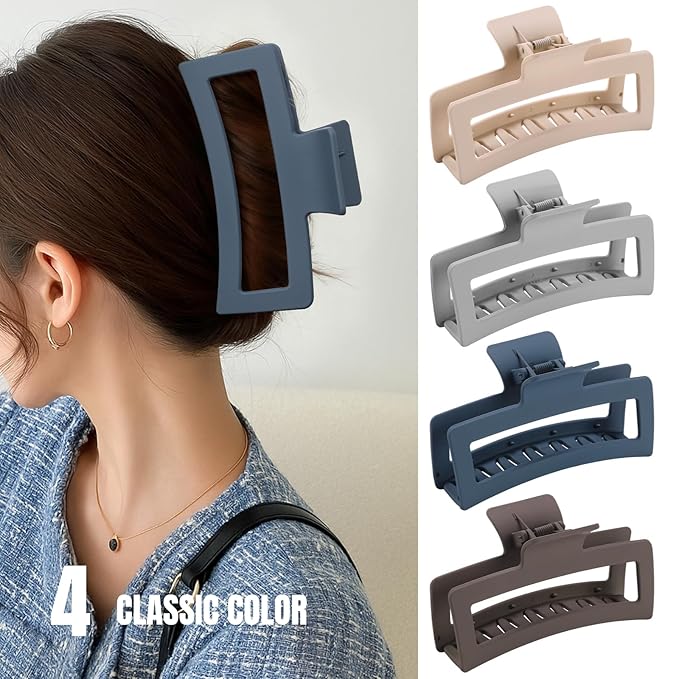 5 Inch Extra Large Claw Clips for Thick and Long Hair, 4 Pack XL Jumbo Matte Rectangle Hair Clips, Oversized Non-Slip Strong Hold Jaw Clips for Women, Big Hair Accessories in Dark Neutral Colors