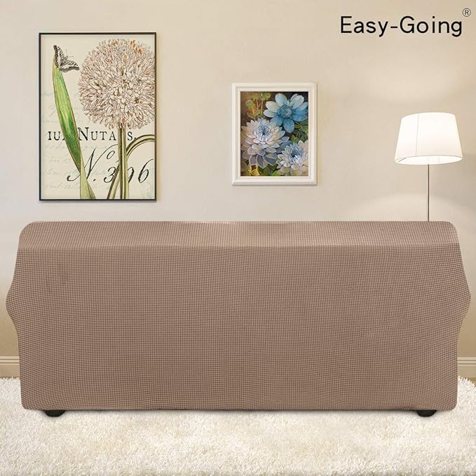 Easy-Going Stretch 4 Seater Sofa Slipcover 1-Piece Sofa Cover Furniture Protector Couch Soft with Elastic Bottom for Kids, Polyester Spandex Jacquard Fabric Small Checks Camel