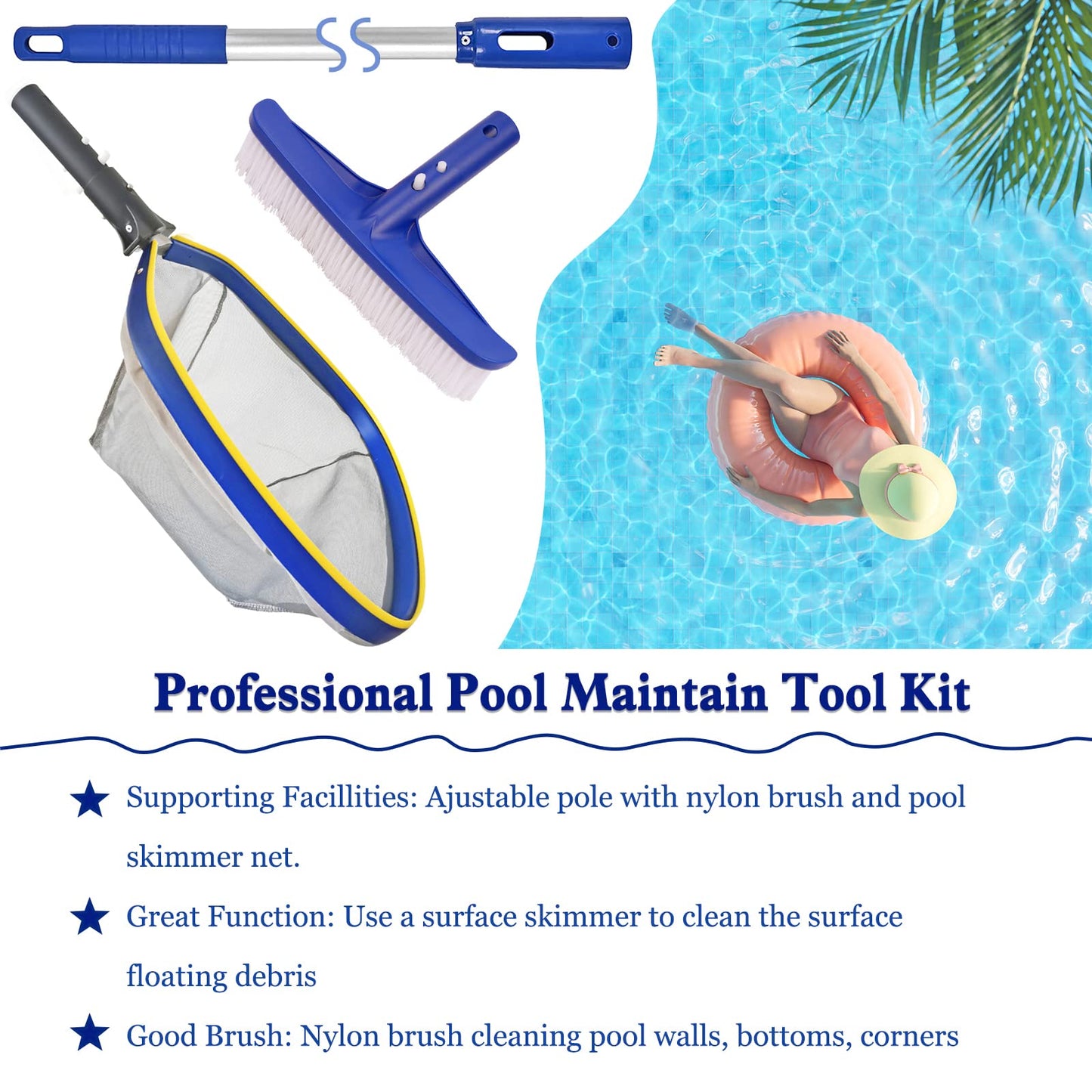 Poolvio Swimming Pool Cleaning Kit, 14'' Brush Head & 50'' Telescopic Aluminum Pole with Fine Mesh Skimmer Net - Perfect for Above Ground Pools, Spas, Hot Tub Fountains Blue (PK0140)