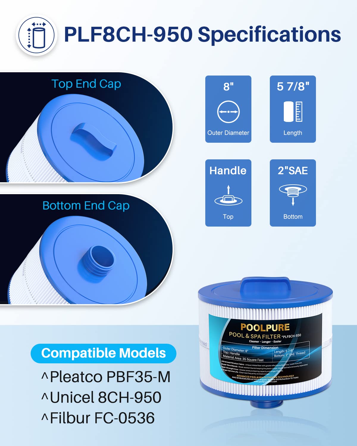 POOLPURE 8CH-950 Replacement for 10-2785 Bullfrog Spa Filter, PBF35, PBF50-F2S, Filbur FC-0536, Excel Filters XLS-834, Aladdin 15052, Baleen AK-90311, 2" SAE Thread Bull Frog Spa Filter, 2PACK