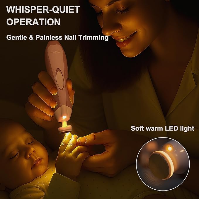 Fansidi Upgraded Baby Nail File | Easy & Safe Baby Nail Trimmer, Precise 4-Stage Electric Nail Clipper for Newborn to Toddler Girl, with Soft LED Light & 18 Grinding Heads, Perfect Baby Shower Gift