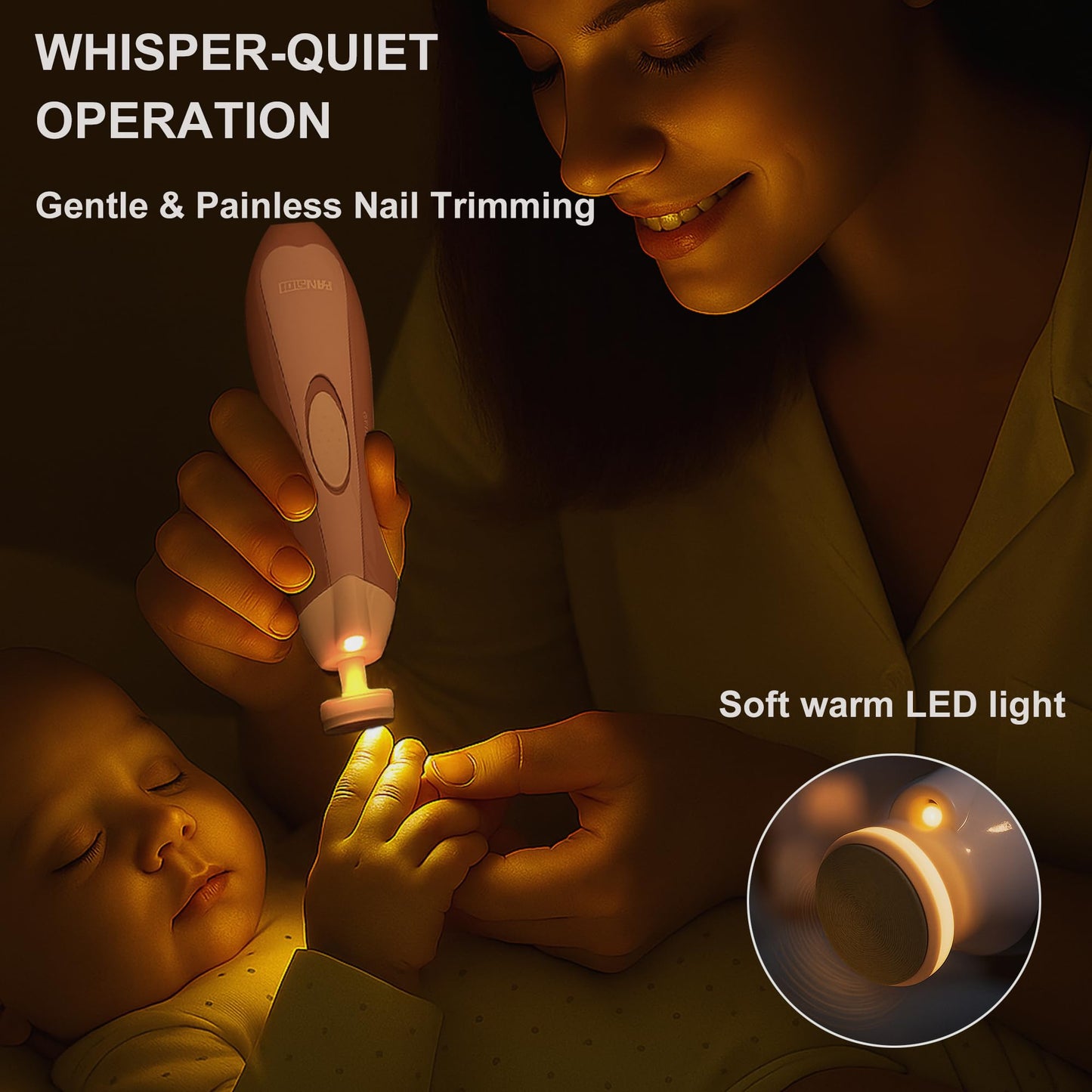 Fansidi Upgraded Baby Nail File | Easy & Safe Baby Nail Trimmer, Precise 4-Stage Electric Nail Clipper for Newborn to Toddler Girl, with Soft LED Light & 18 Grinding Heads, Perfect Baby Shower Gift