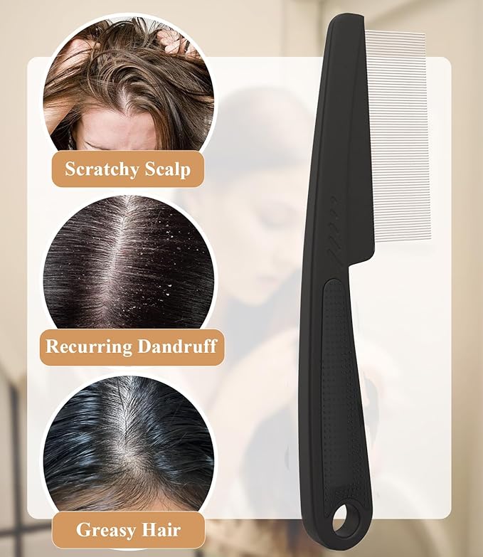 Dandruff Comb Fine Tooth Scalp Detox Comb Lice for Women, Men & Kids Stainless Steel Scalp Detoxing, Sweep & Massage Hair Brush Tool for Hair Care (1PC Black)
