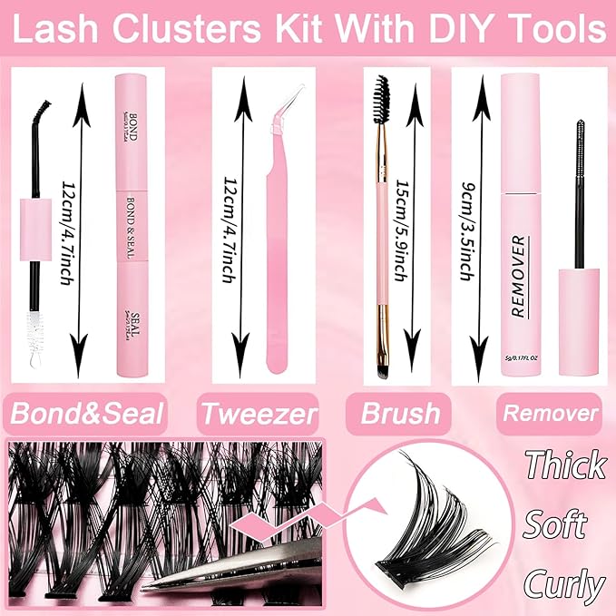 Lash Clusters Kit, 600 Pcs Eyelashes Clusters Extensions Kit 9-18mm Individual Lashes D Curl Fluffy Wispy False Eyelashes, with Bond Seal Remover Tweezers Brush DIY (20D+30D+40D+50D+60D+80D Kit)