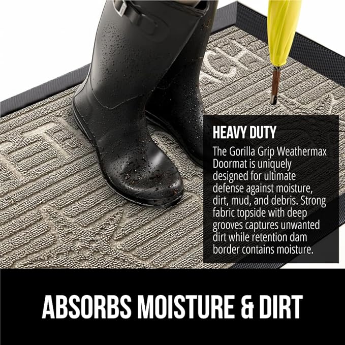 GORILLA GRIP 100% Waterproof All-Season WeatherMAX Doormat US Designed Natural Rubber, Stain and Fade Resistant, Low Profile Indoor Outdoor Door Mats, Easy Clean Patio Mat, 17x29, Sand Beach