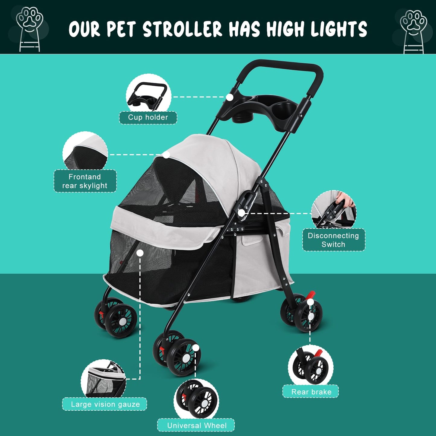 sxvbdway 4 Wheels Pet Stroller for Medium Small Dog up to 50lbs, Dog Cat Stroller, Outdoor Travel Pet Folding Strollers, Cat Cage Strollers with Cup Holder, Breathable and Visible Mesh (1 Set-Grey)